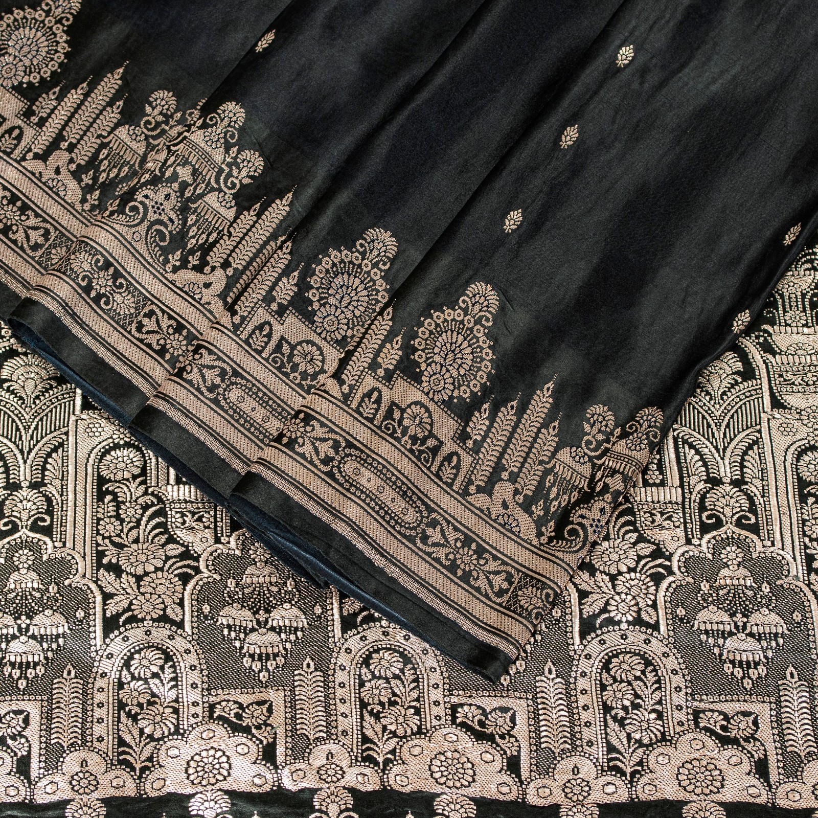 Sanskriti Vintage Black Pure Satin Sarees Banarasi Brocade Zari Hand-Woven 6+Yd