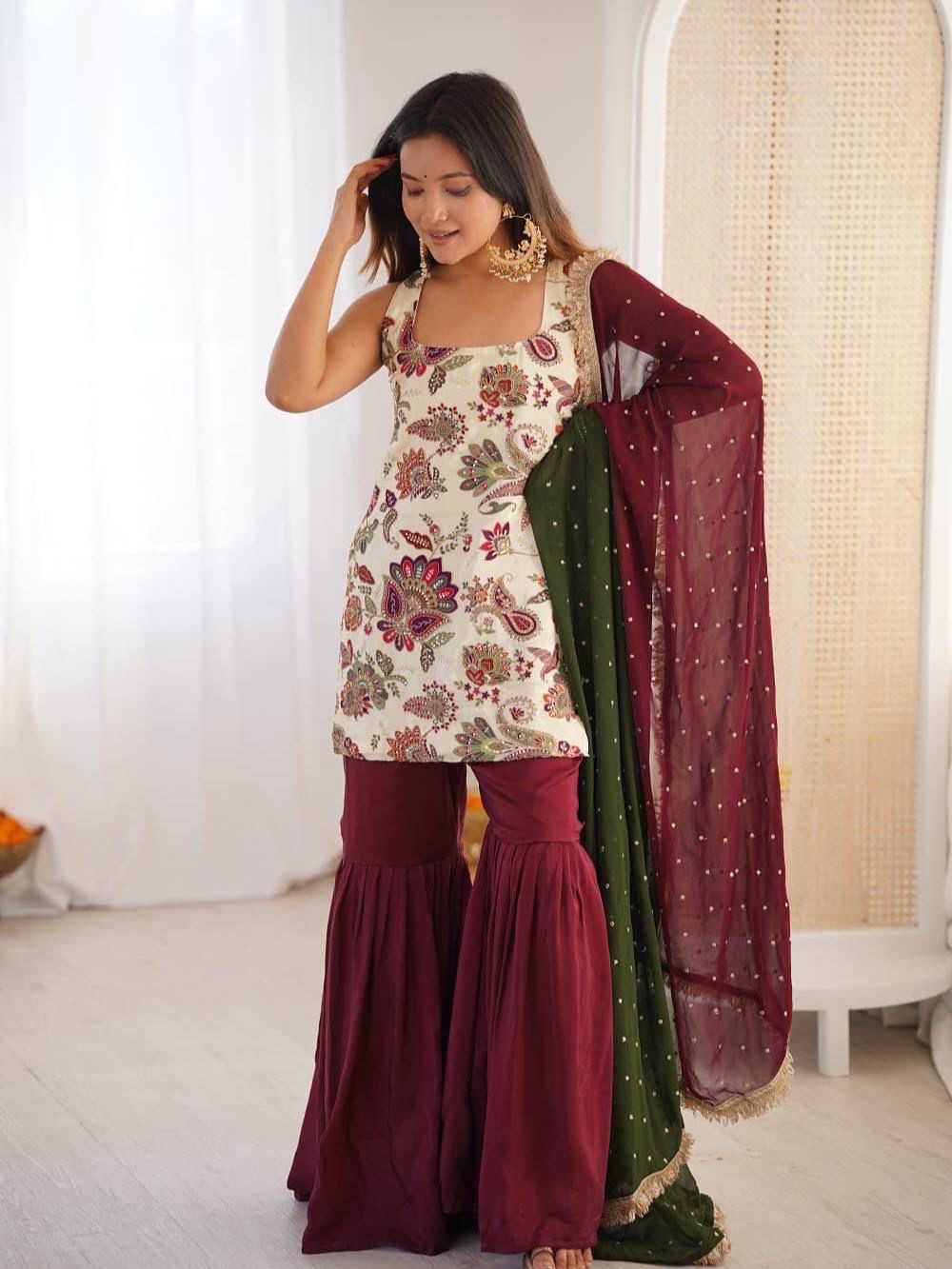 Designer sequin embroidered sleeveless sharara suit with dupatta set party wear