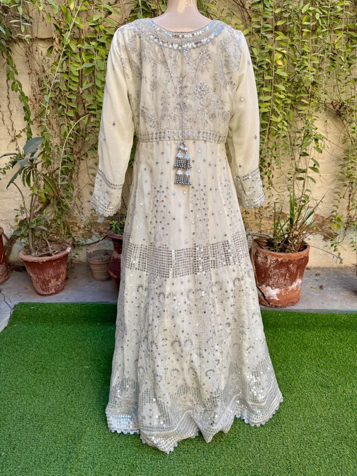 Pakistani Egg Shell White Long Maxi Style Embroidered Sequins Chiffon Dress,XL#1