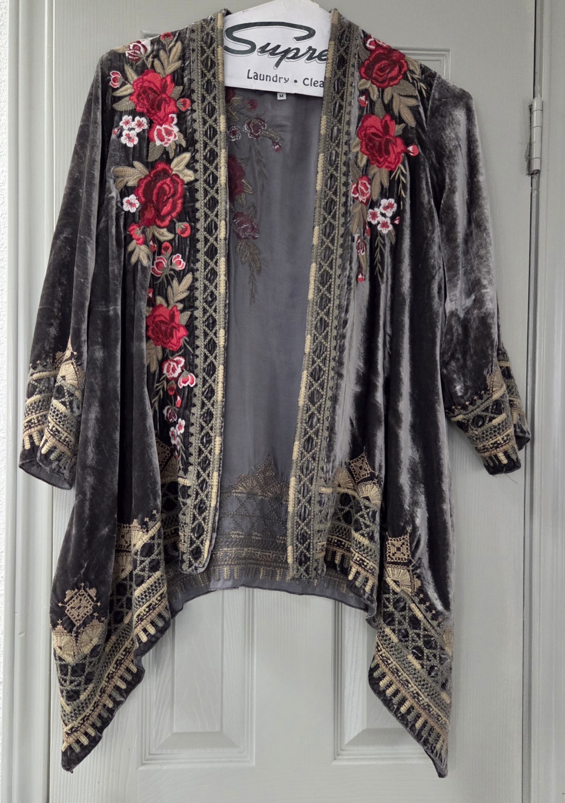 Johnny Was Meri Floral Embroidered Velvet Kimono M Boho Western Layers Gray