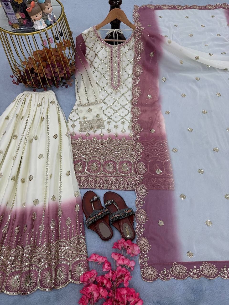 Presenting Star Georgette Top Palazzo With Pink Dupatta For Functional Wear
