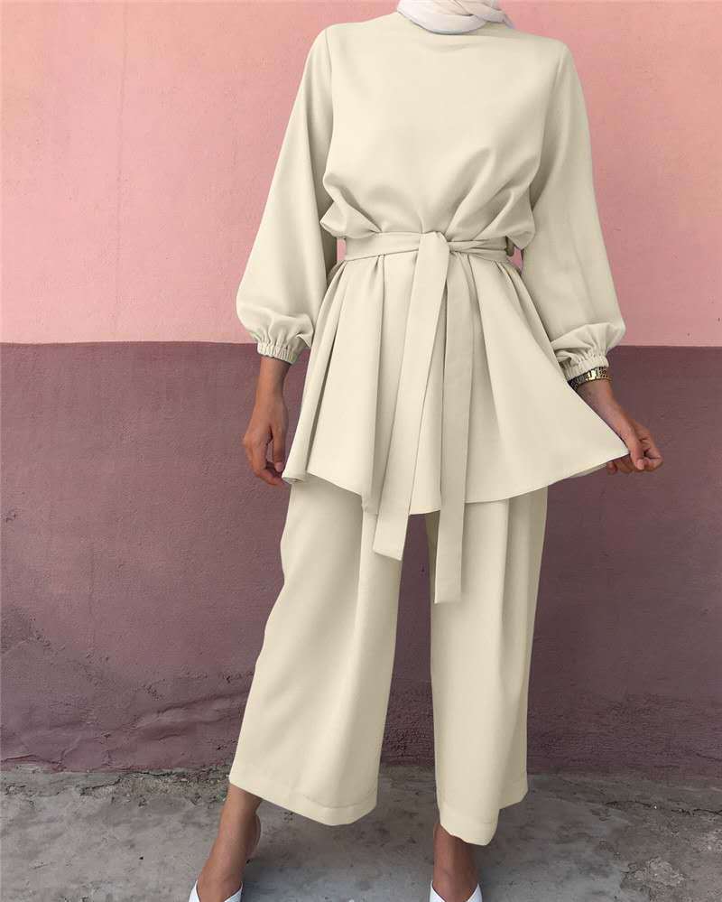 Dubai Muslim Women Long Sleeve Blouse Pants Outfits Two Piece Set Abaya Kaftan