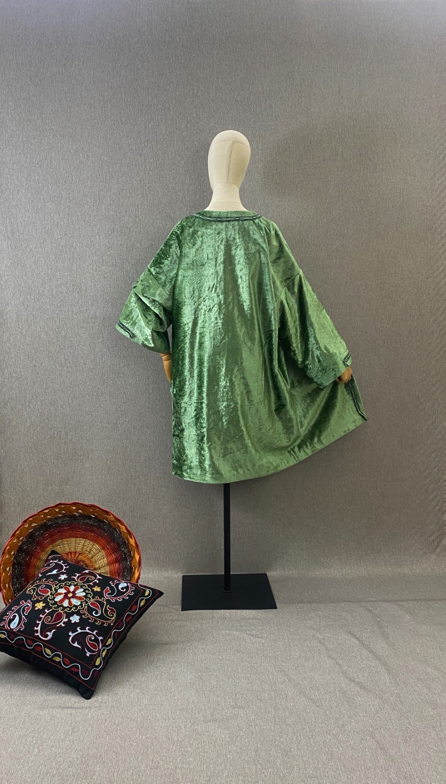 Vintage Silk Velvet Jacket Uzbek Ikat Lined Kimono OOAK Handmade Coat Pockets
