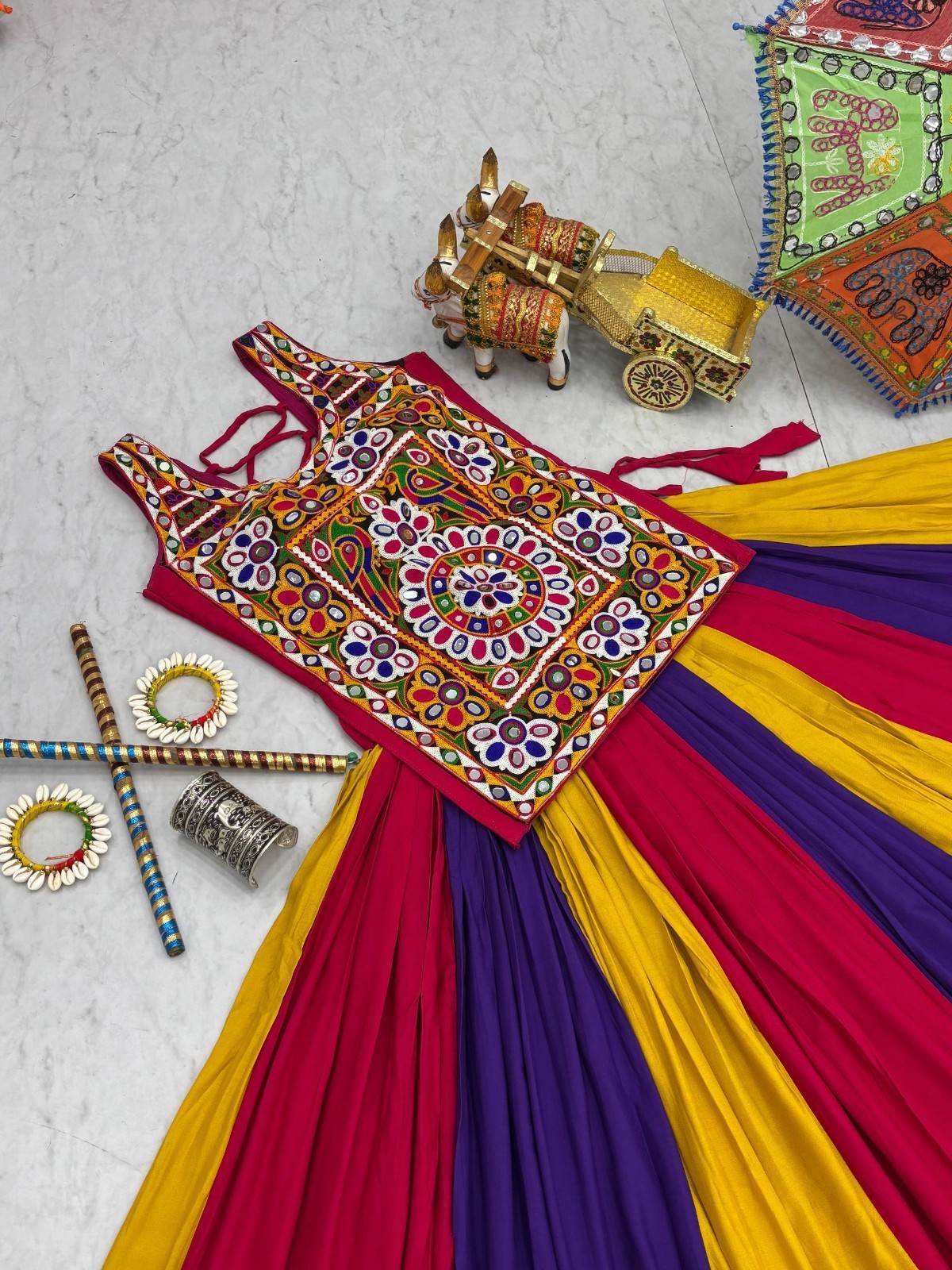 Indian Multicolor Pure Cotton Lehenga Choli Set Women Kutchi Embroidery Navratri