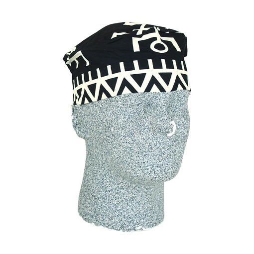African Print Black/White Kufi Cap w/elastic back. Unisex 18″/20″ Circumference.