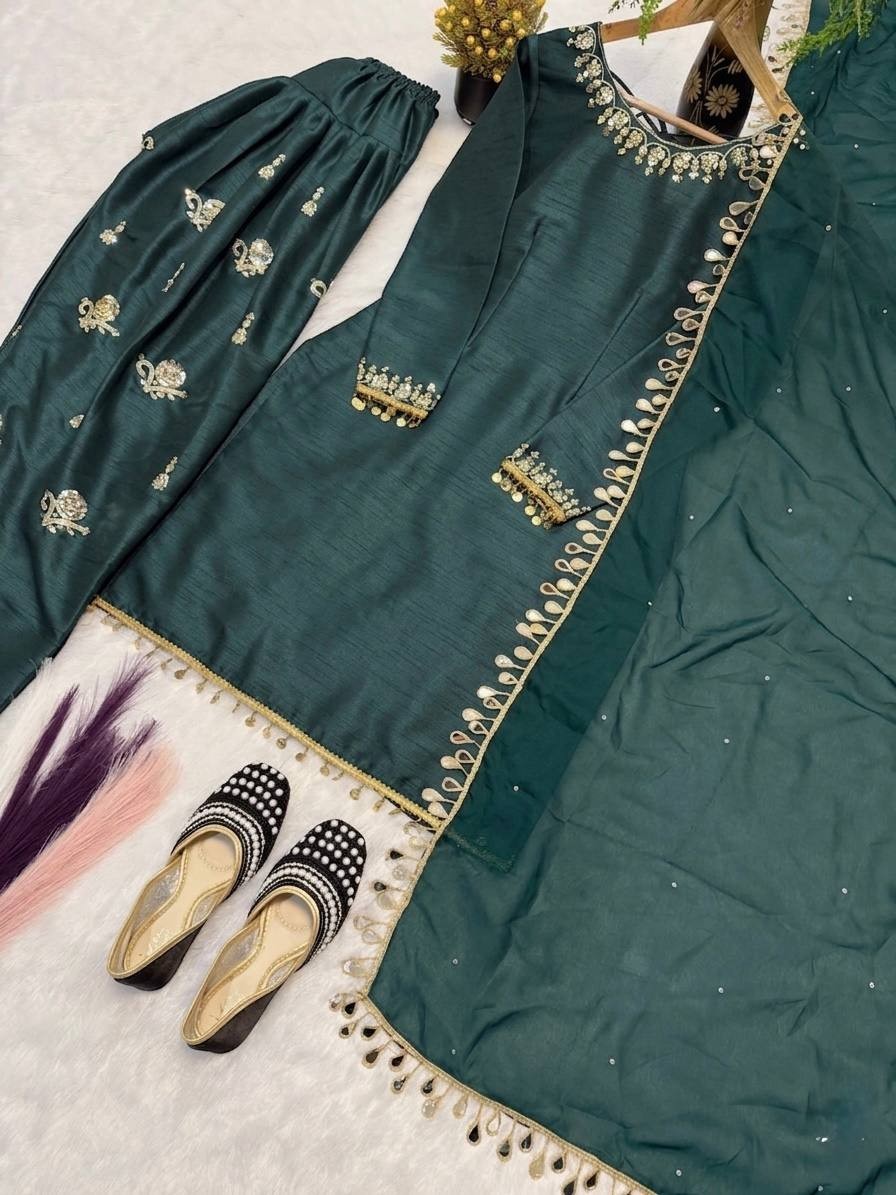 New Presenting Slab Silk Green Salwar Kameez With Dupatta For Indian Party