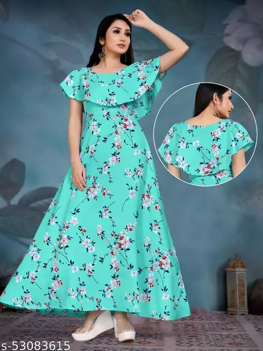 Attractive Blend Stitched Flared/A-line Gown Short Sleeves Printed FREE SHIPPING
