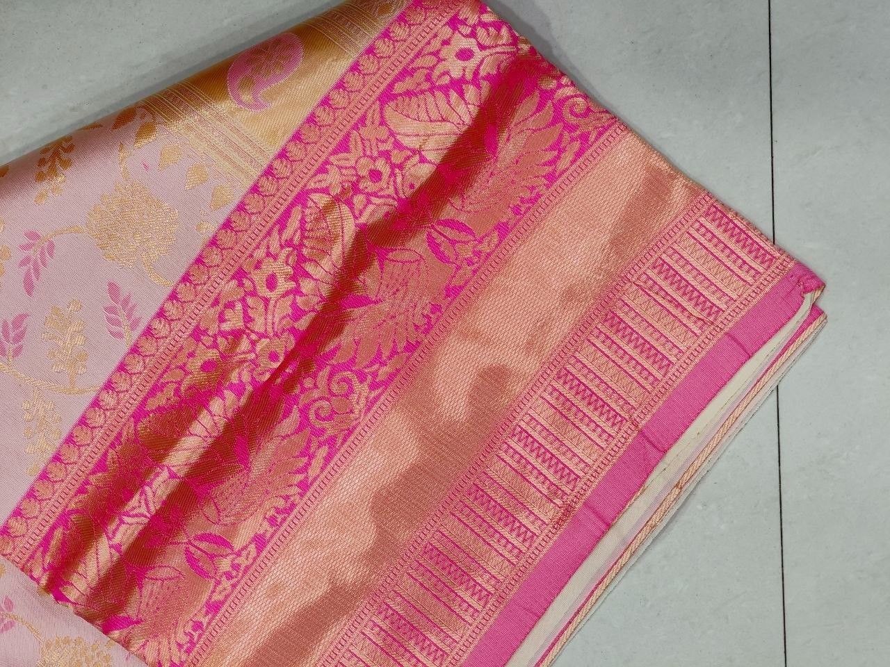 Wedding Wear Golden Beige Pink Lichi Silk Saree Jacquard Weaving Indian Ethnic