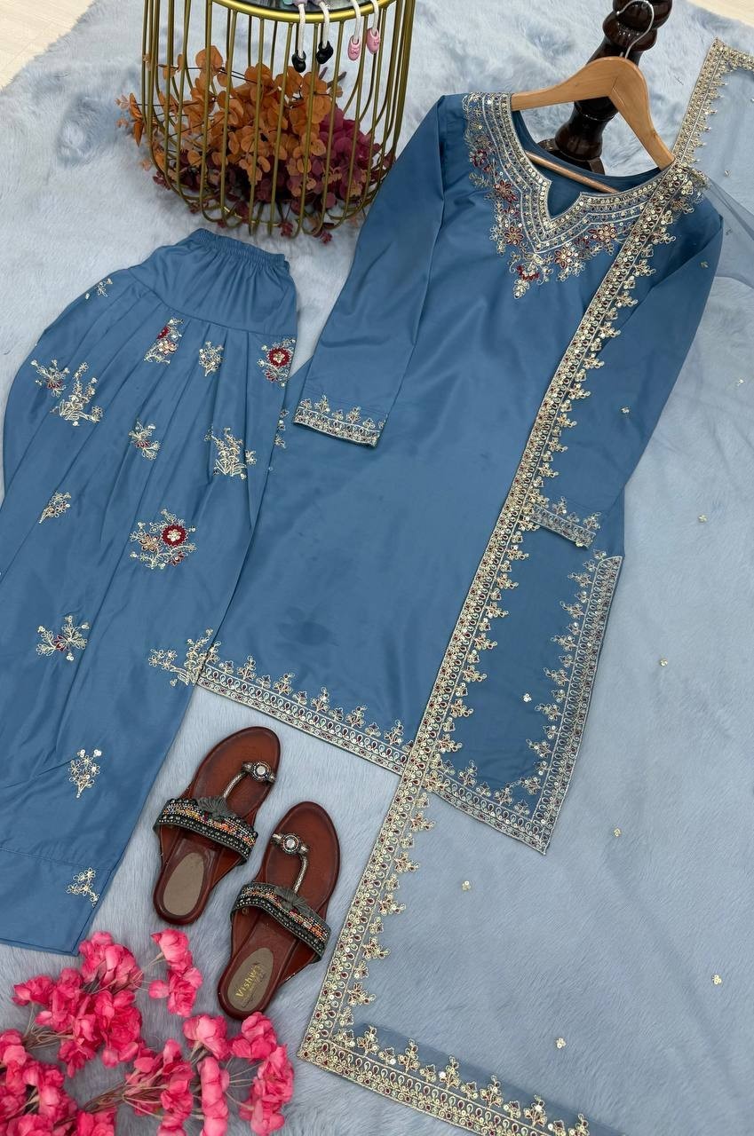 Pakistani Style Natural Crepe Blue Farshi Plazzo Suit with Embroidered Work