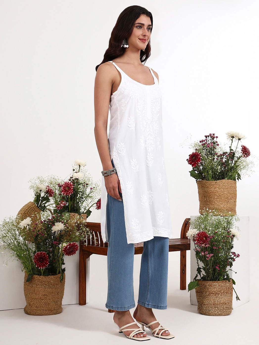 Women’s White Chikankari Sleeveless Kurti Embroidered Summer Tunic Ethnic Top