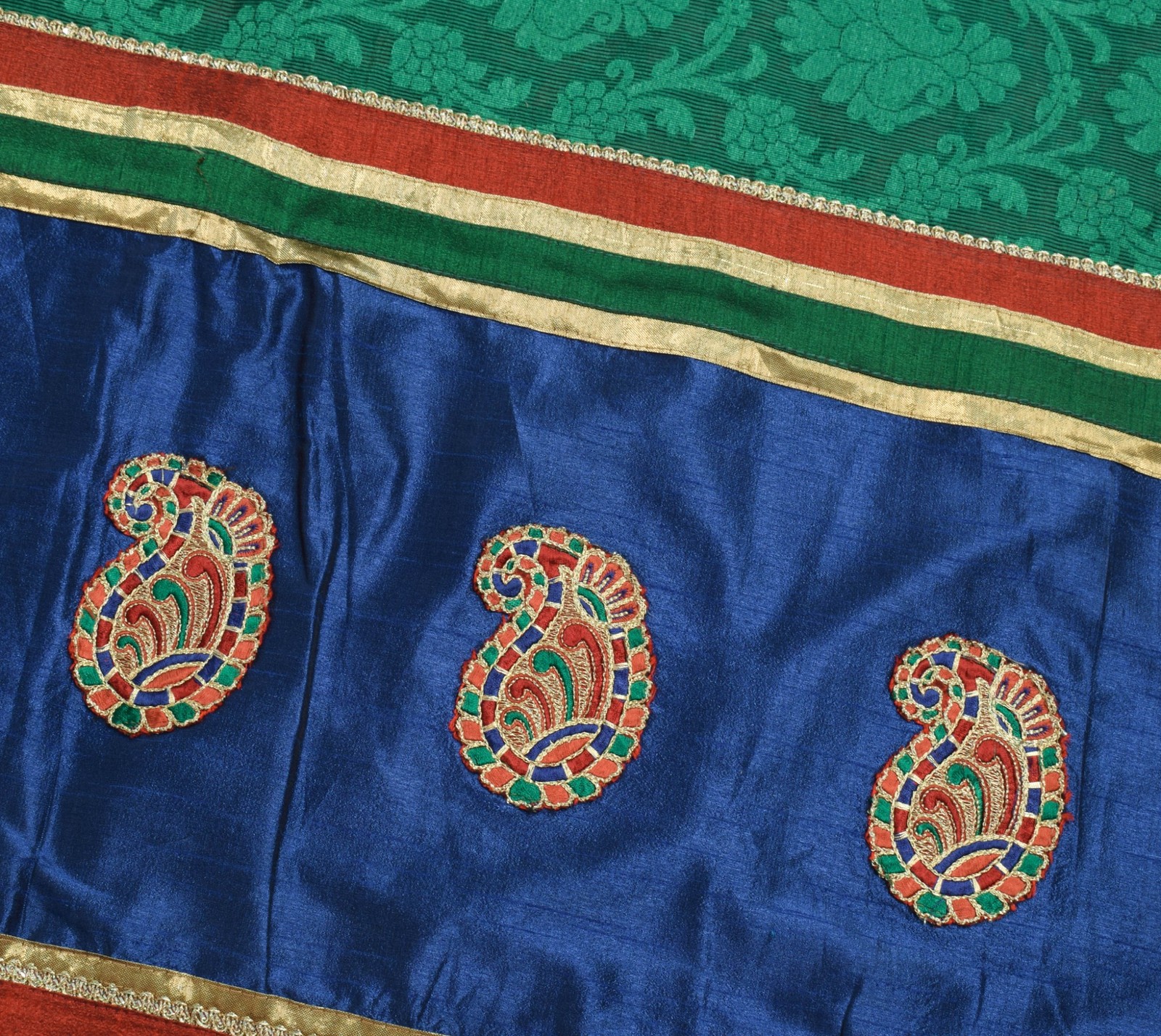 Sushila Vintage Green Patch Work Saree Self Woven Floral Silk Sari Craft Fabric