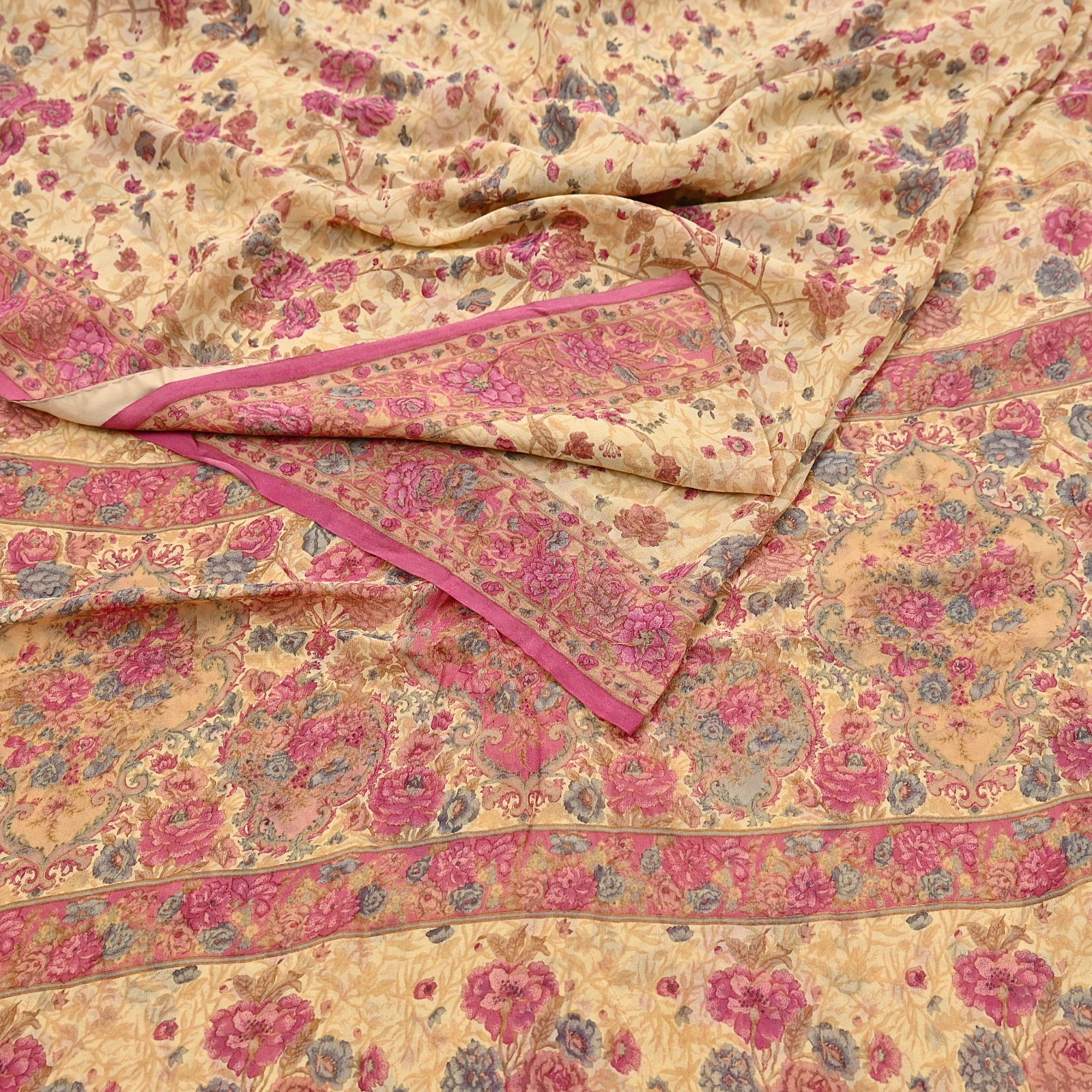 Indian Vintage Beige Saree 100% Pure Georgette Silk Printed Sari Sewing 6yd soft