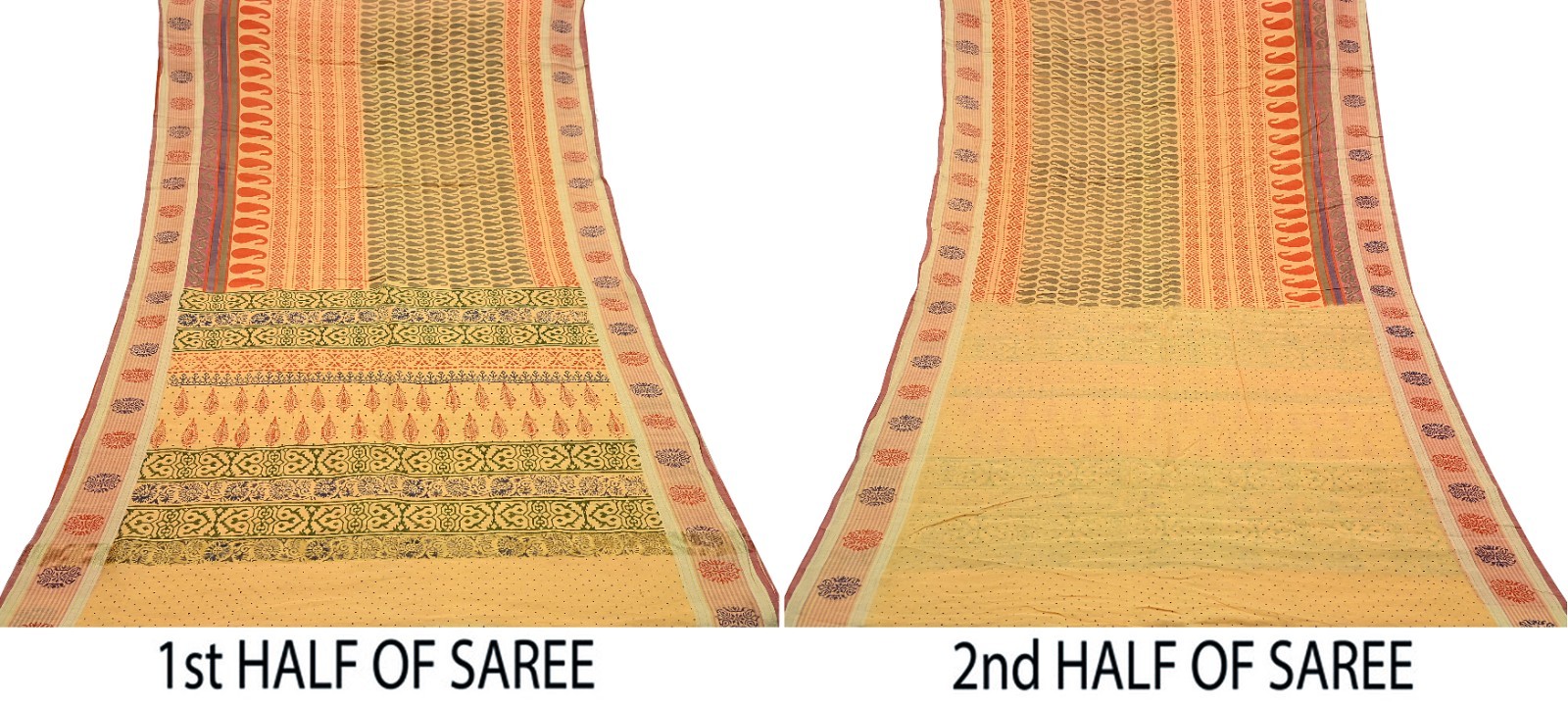 Indian Vintage Yellow Block Printed Pure Chanderi Silk Saree Floral Zari Fabric