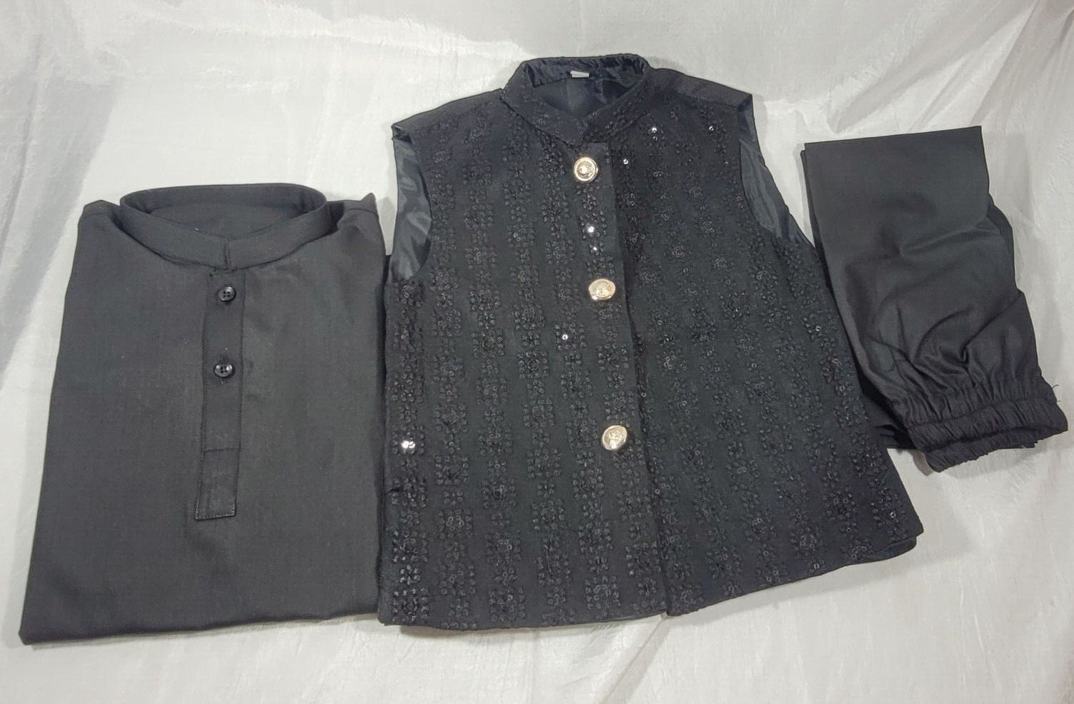 Kids Boys Damask Embroidered Sequin 3pc Kurta Set – Black – Choose Size