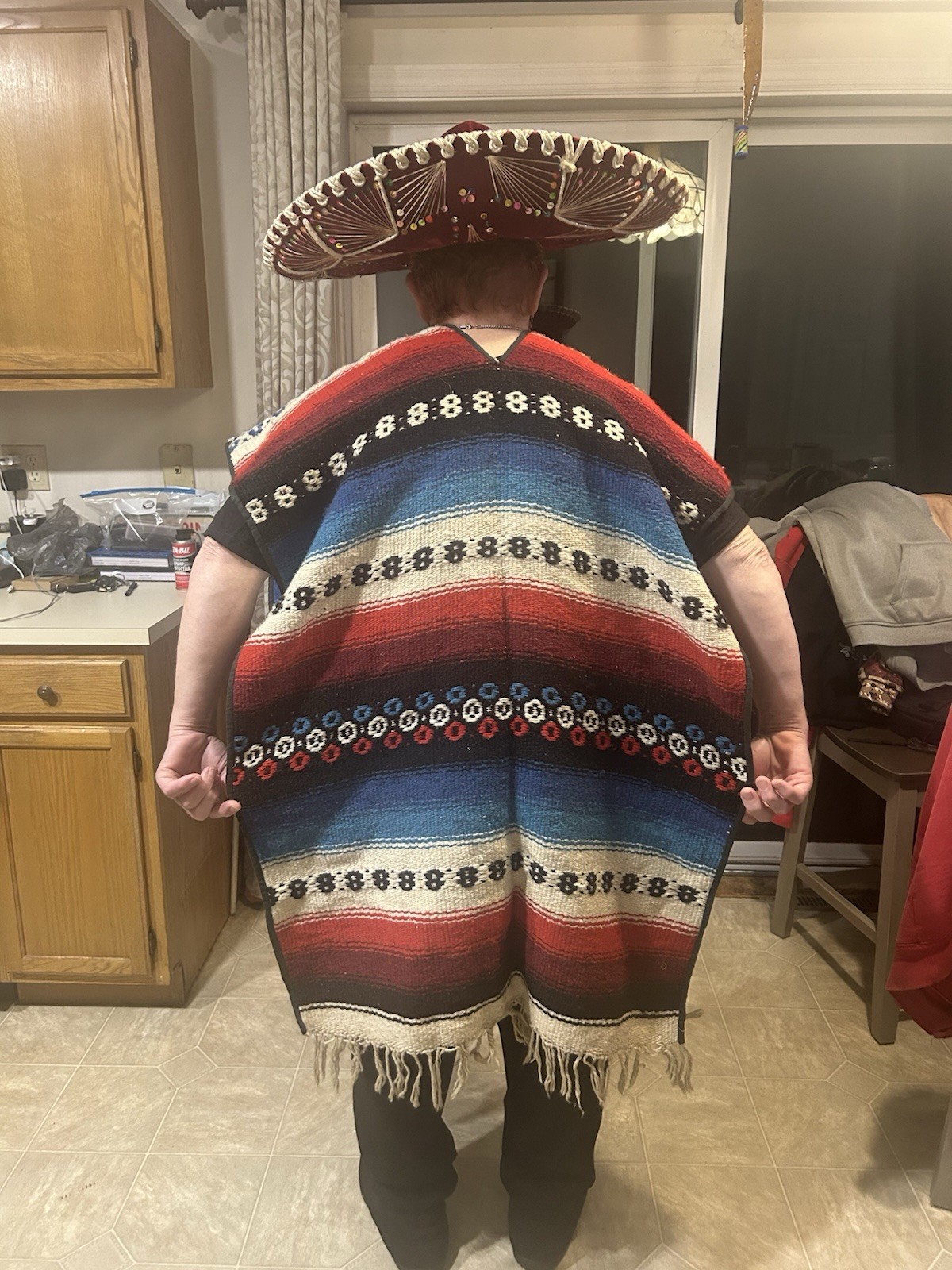 Traditional Multi-Color Mexican Poncho and Red Sombrero Costume Set Unisex Adult