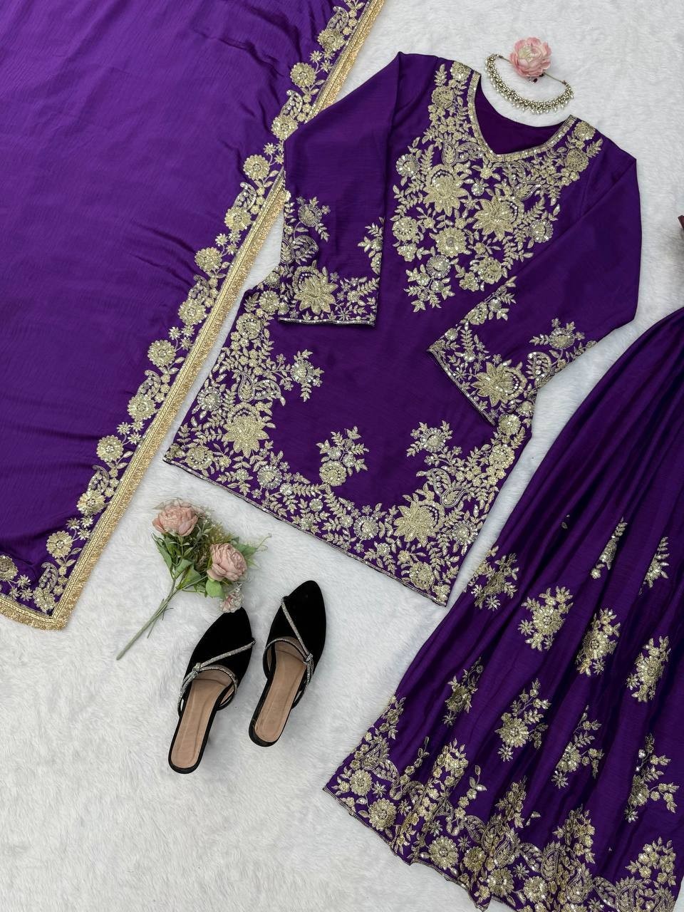 Premium Designer Purple Chinnon Silk Kurta Palazzo With Dupatta For Women