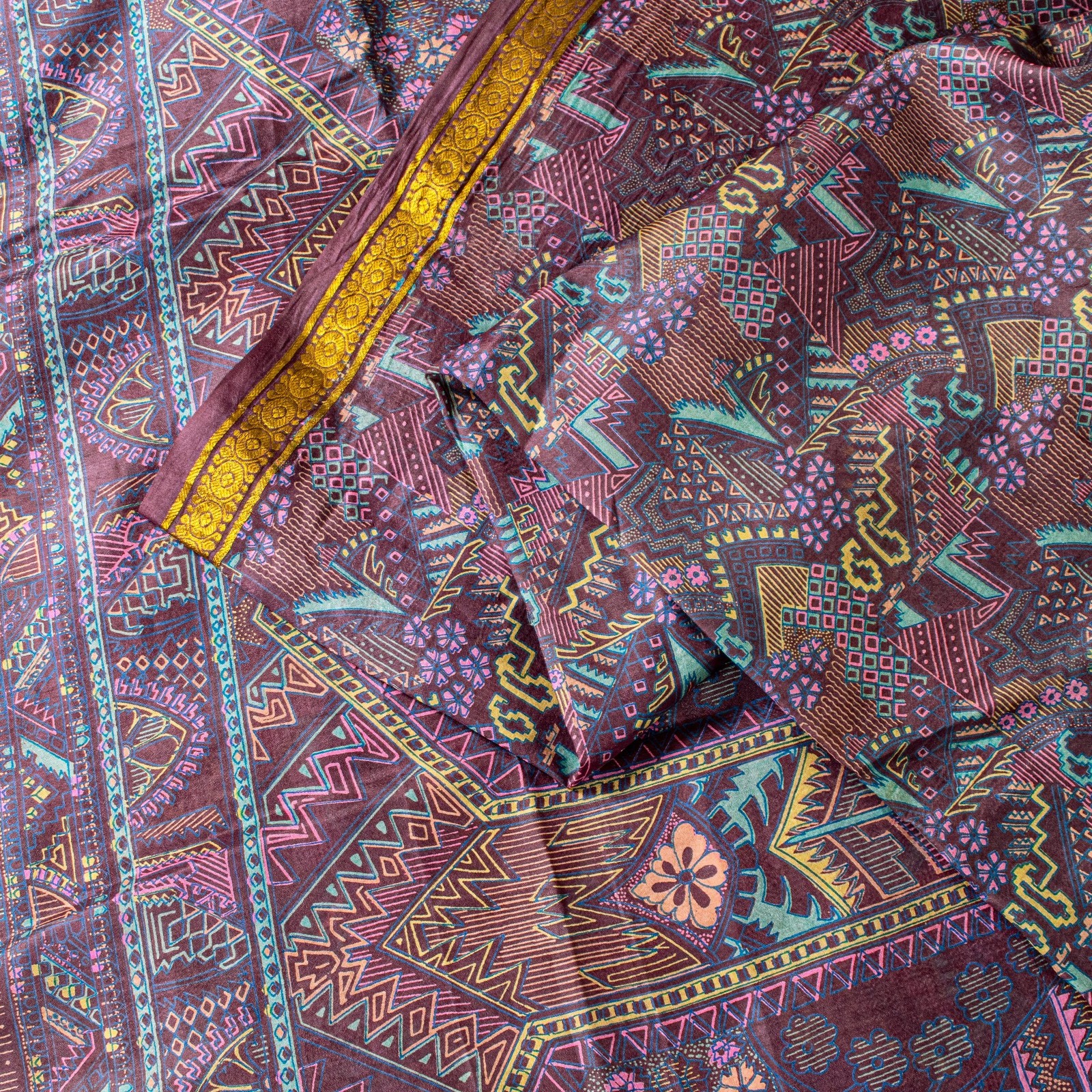 Sanskriti Vintage Purple Soft Pure Silk Sari Paisley Geometric Print Saree 5.5Yd