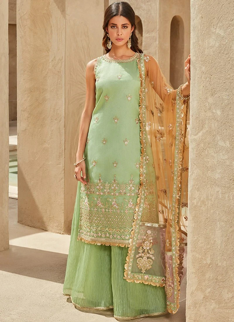 Dusty Green Embroidered Sharara Suit (Small)