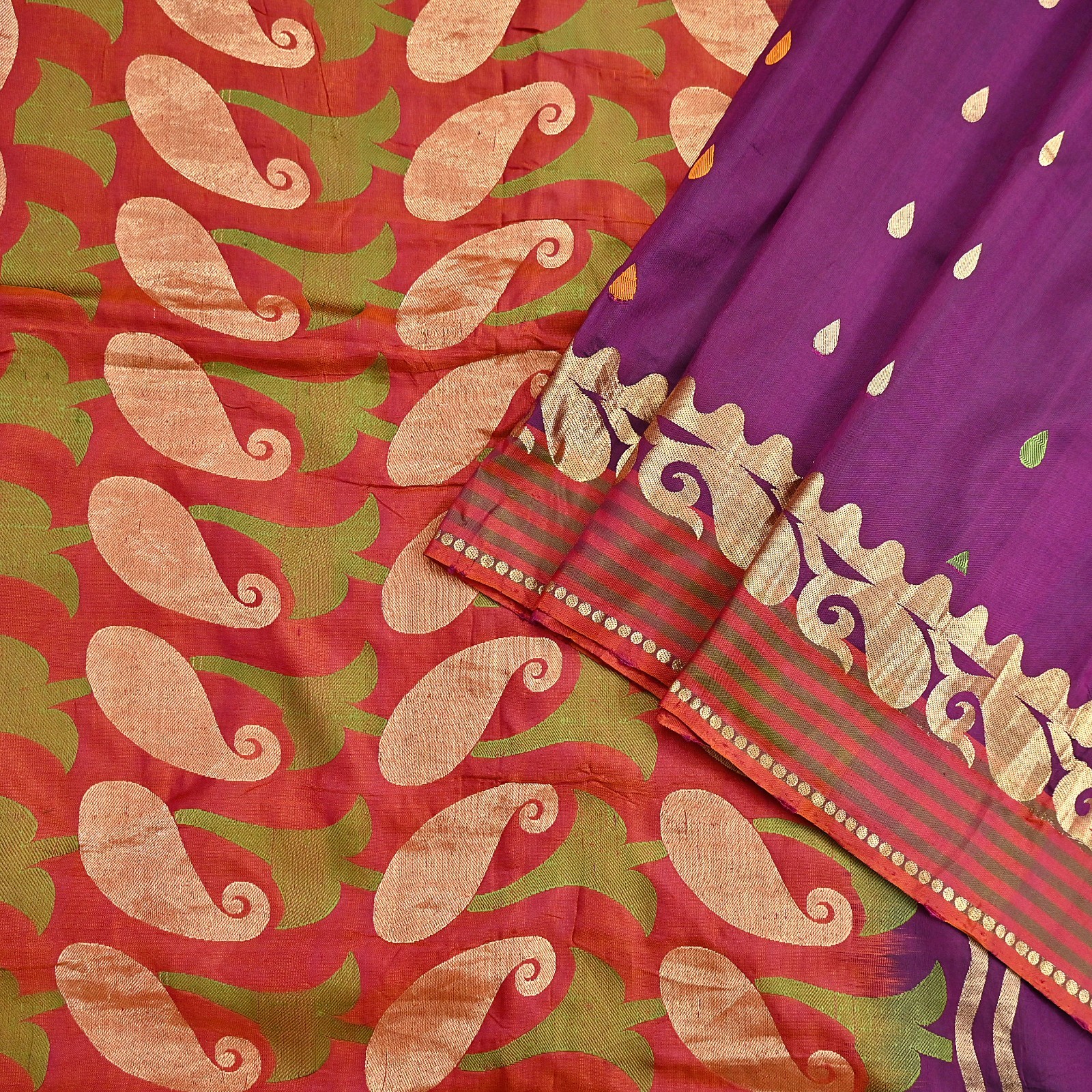 Indian Vintage Heavy Sari Purple & Orange Hand Woven Sarees 100% Pure Silk Zari