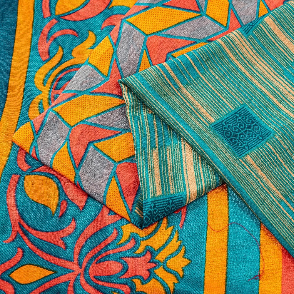 Sanskriti Vintage Blue Moss Crepe Sarees Floral Printed Indian 5+Yd Craft Fabric
