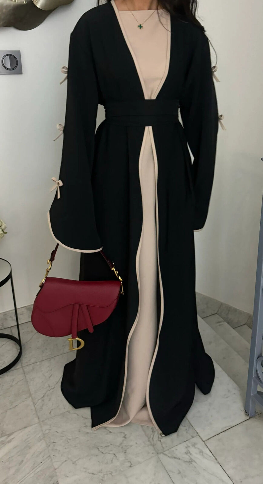 Muslim Eid Gown Modest Abaya Women Bow Batwing Sleeve Kaftan Dress Waist Robe