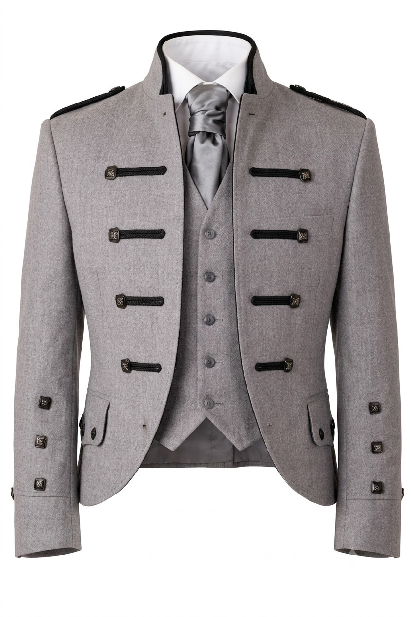 Men’s Scottish Braemar Jacket & Waistcoat 5 Button Grey Tweed Highland Dress