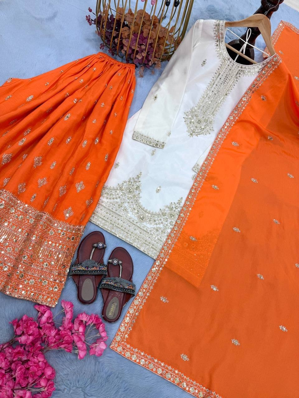 Beautiful Orange Chinon Silk Top Palazzo With Dupatta For Women & Girls
