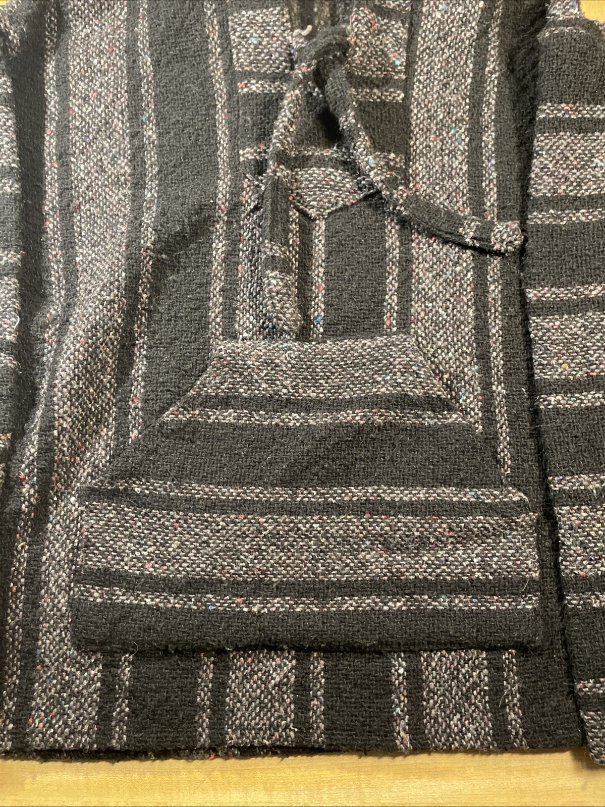 Traditional Mexican Baja Pullover With Pocket Size Small Gray And Black Serape