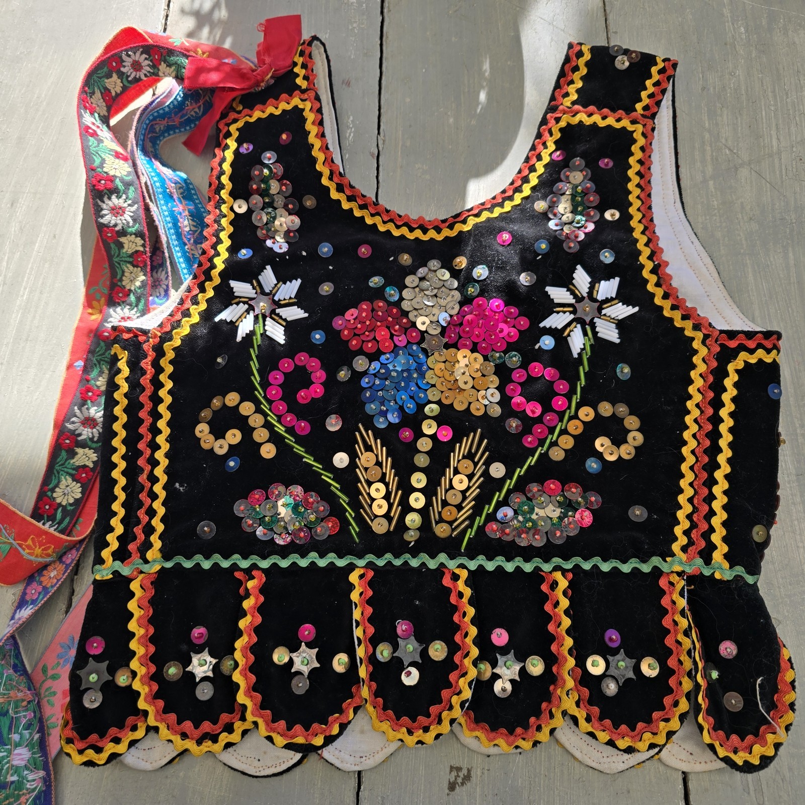 SMALL Vintage Polish European Velvet Beaded Sequins Polk Vest German Corset READ
