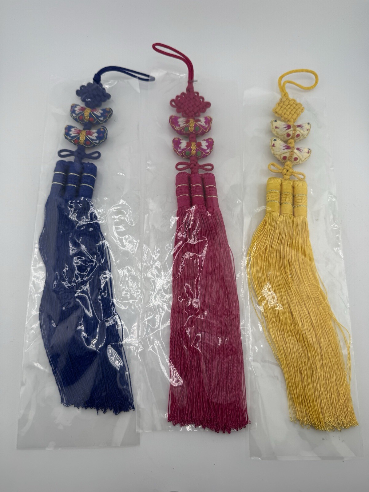 Vintage Korean Norigae Tassel 3 Piece Set pinkYellow & Blue Butterfly Embroidery