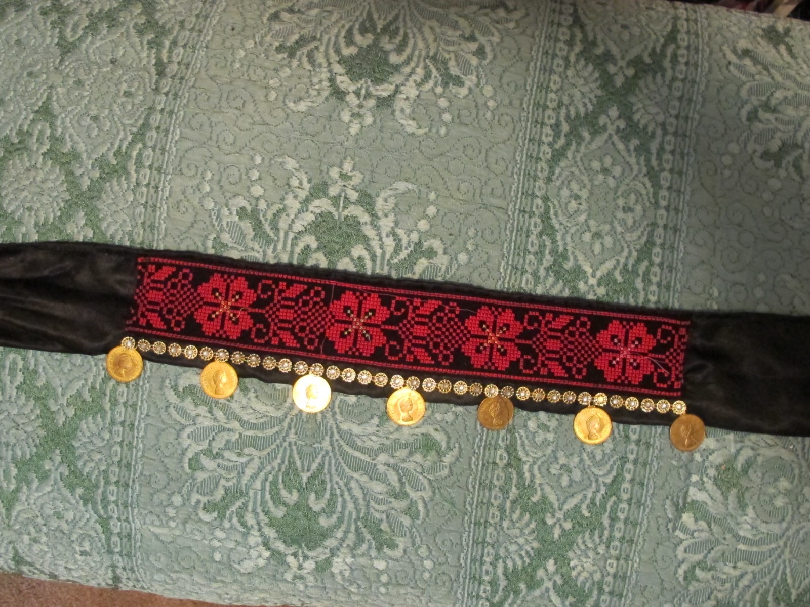 Palestinian Red Black Embroidered Headband on Satin with gold coins