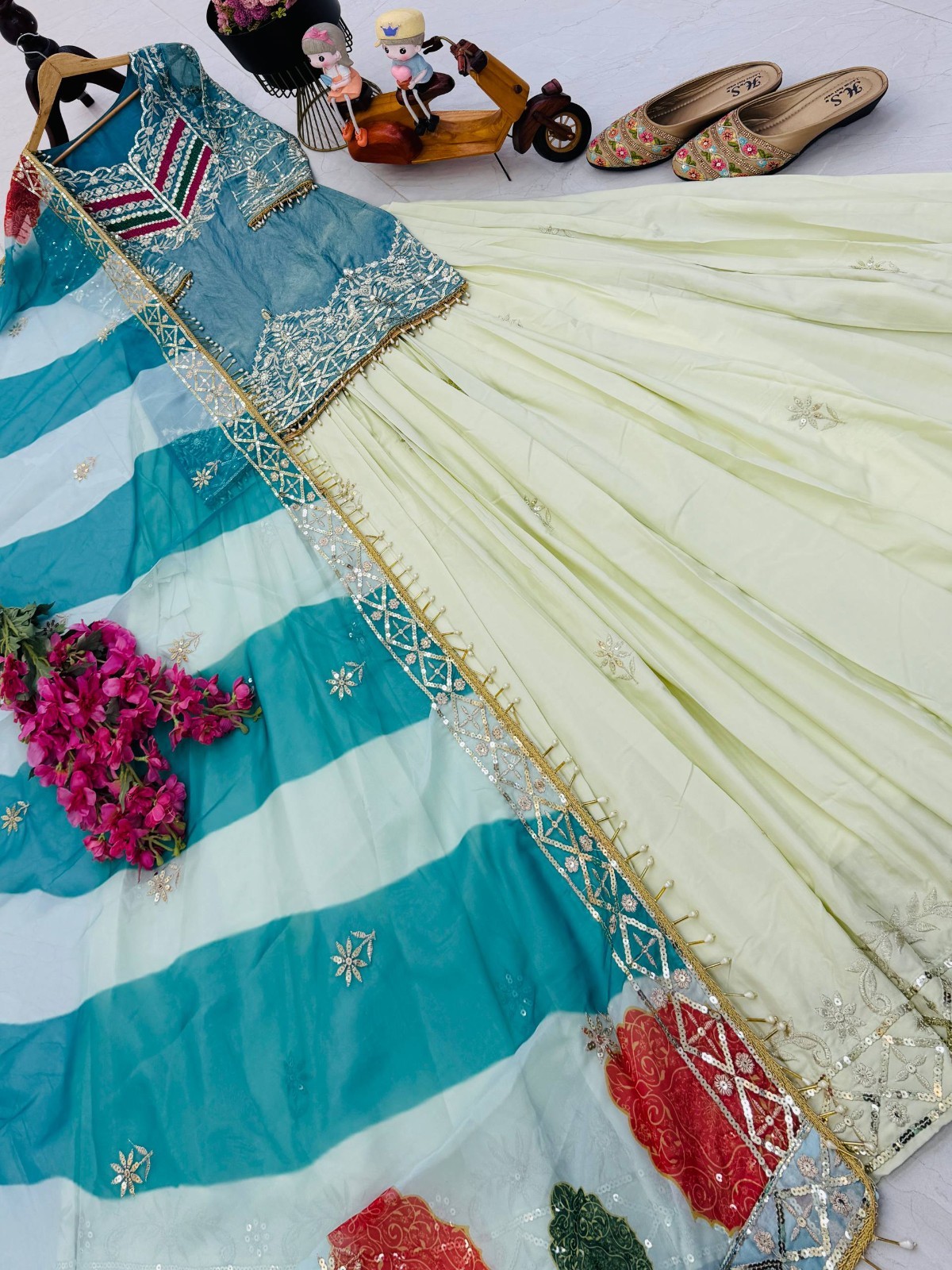 New Launching Silk Sky Blue Top Lehenga With Dupatta For Functional Wear