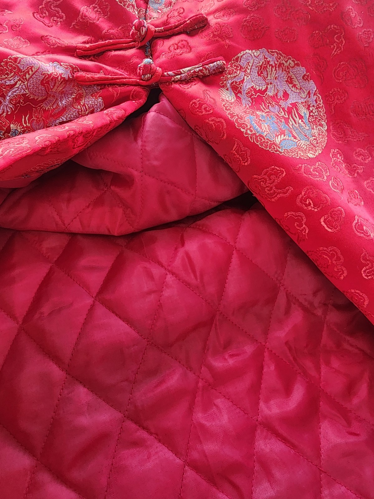 Vintage Chinese Red Brocode Tang Jacket Mandrian Collar Frog Closure Velvet Cuff