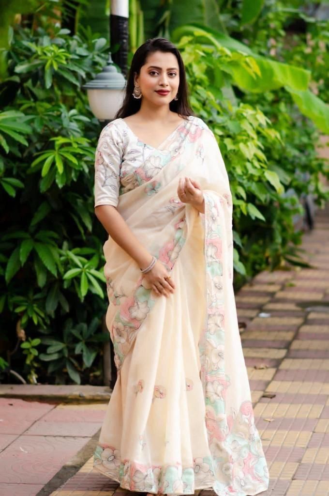 White Color Linen Cotton Embroidered Women’s Bollywood Wedding Festival WearSari