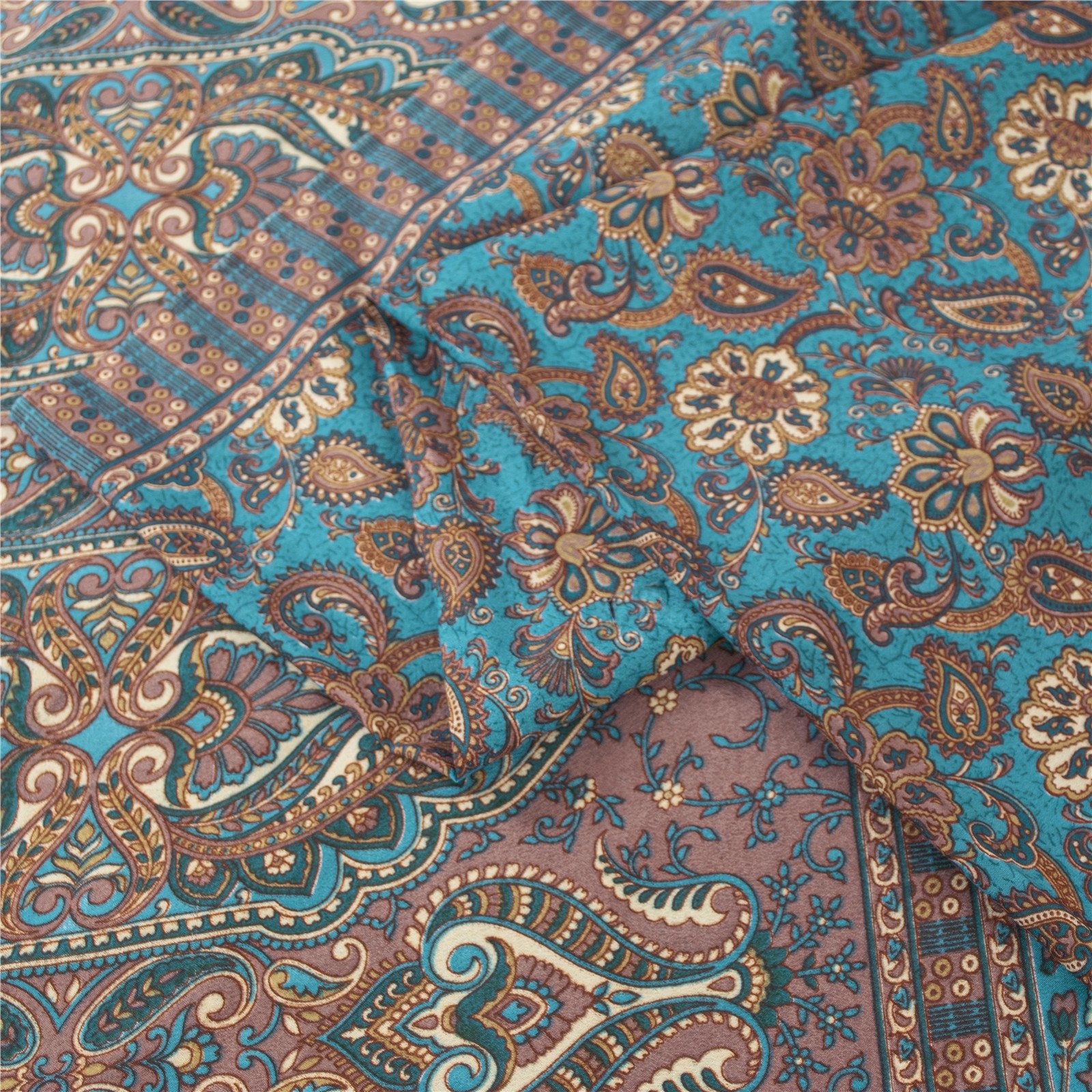 Sanskriti Vintage Blue Indian Sarees Moss Crepe Printed Sari 5Yd Craft Fabric