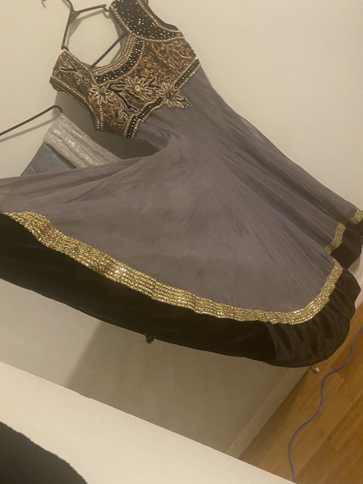 Indian Women Gray Black Anarkali dress Net , velvet, sequin, patches