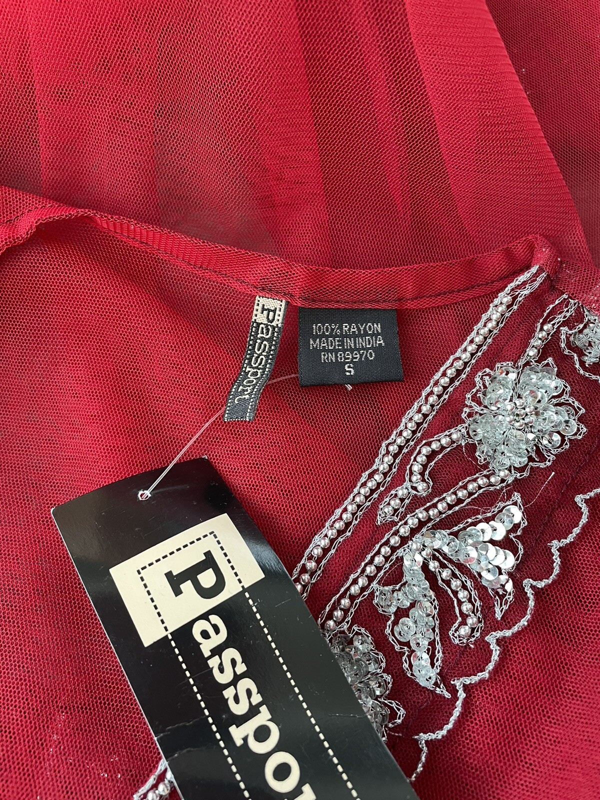 Passport Red Mesh Indian Tunic Top Kurti Kurta S NWT Silver Beading Sequins