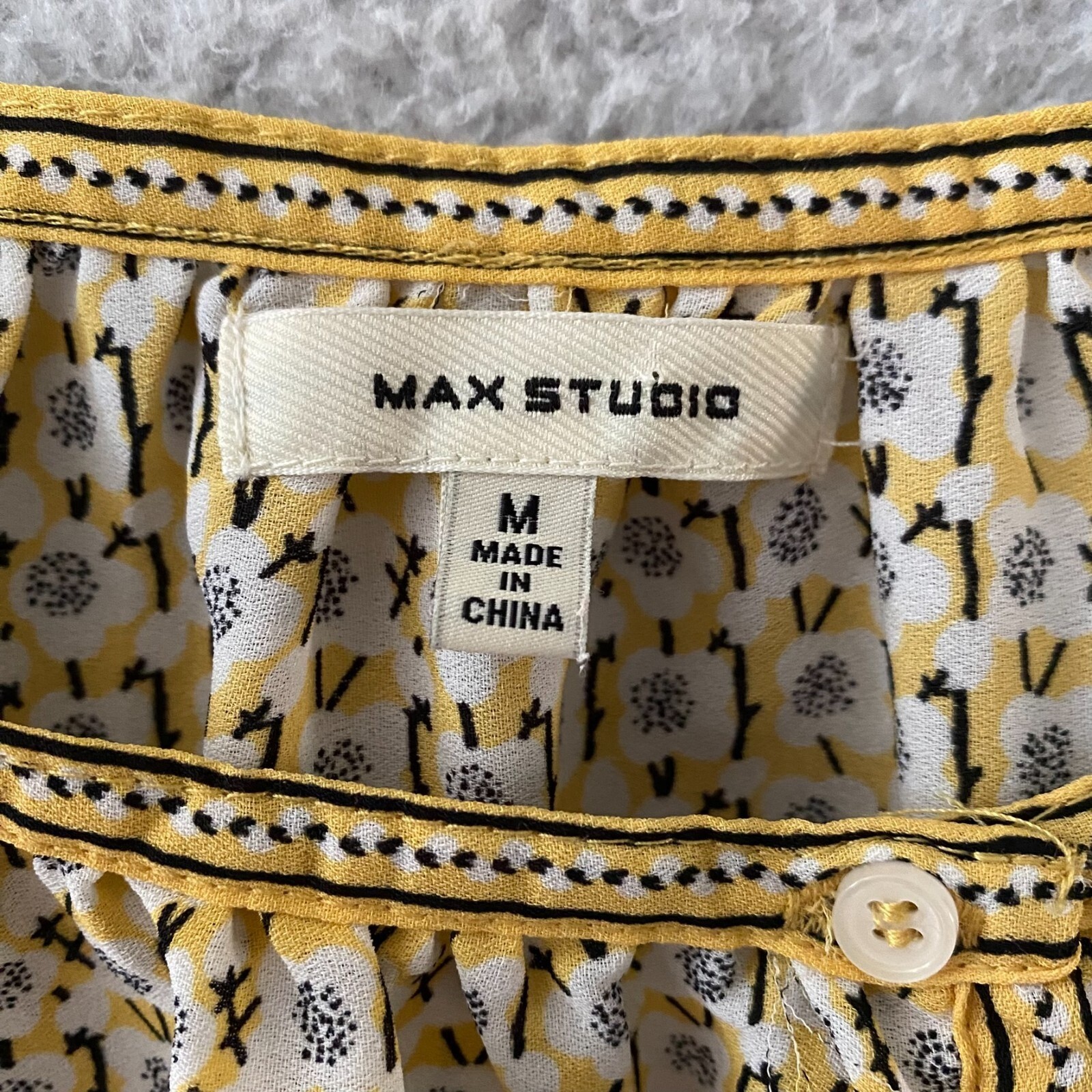Max Studio Yellow Floral Geometric Balloon Sleeve Ruffle Blouse Womens Medium