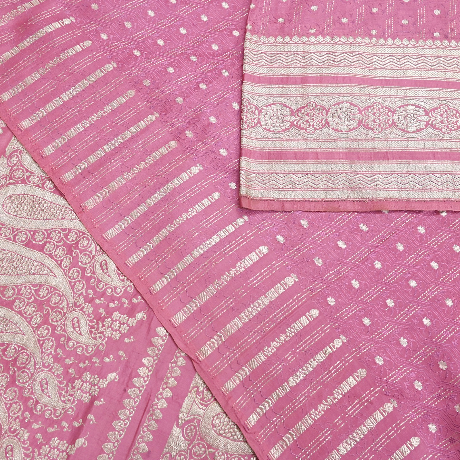 Indian Vintage Sari Heavy Pink Pure Satin Silk Woven Brocade Banarasi Sari 5yd