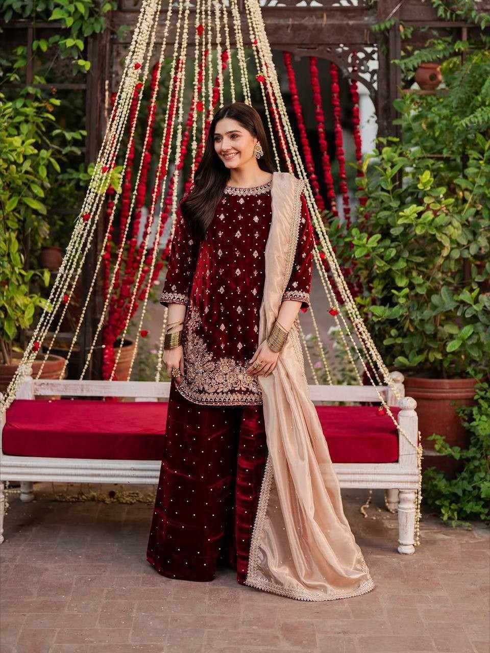 Designer Heavy Viscose Velvet Maroon Top Palazzo With Dupatta For Wedding Wear