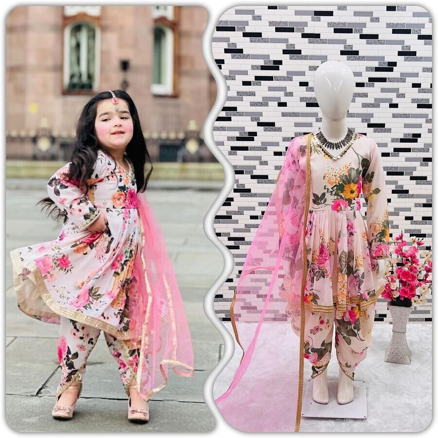 DESIGNER GEORGETTE DIGITAL PRINT WORK KID WEAR TOP DHOTI WITH DUPATTA BABY PINK