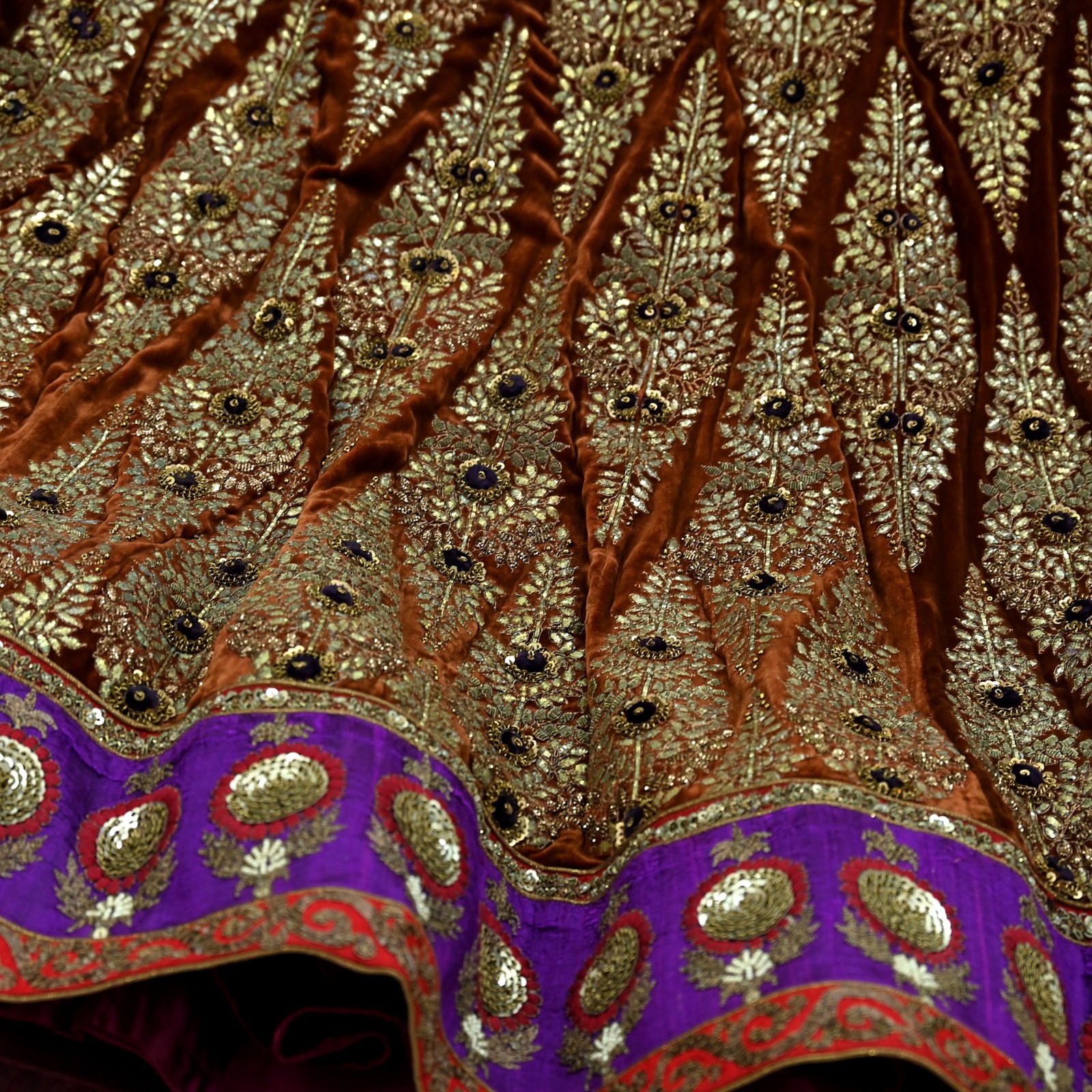 Indian Vintage Heavy Brown Velvet Hand Embroidered Brocade Designer Skirt