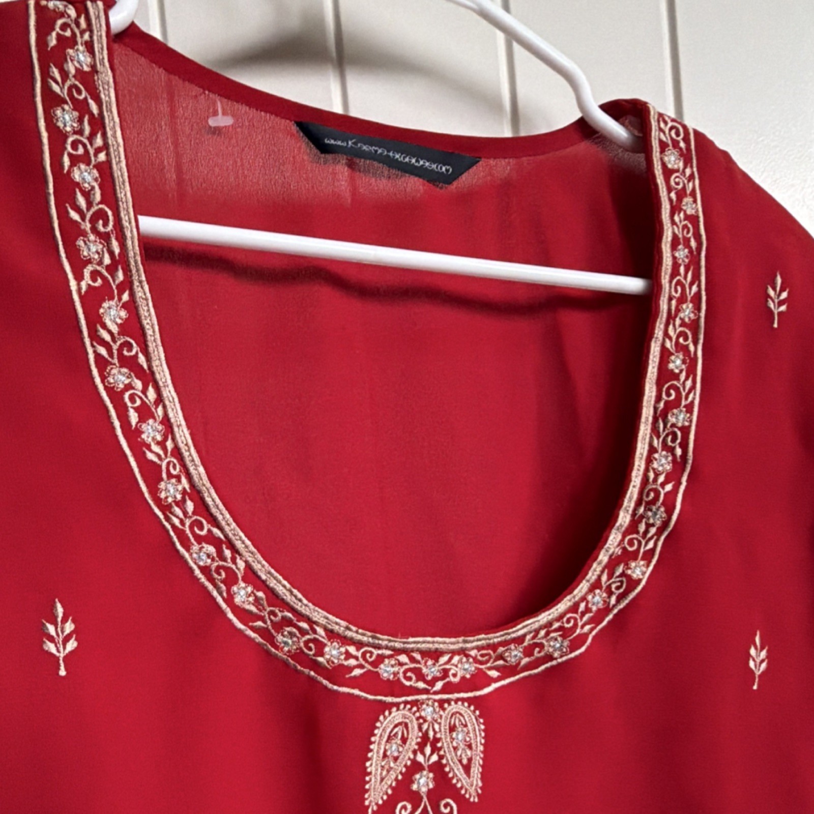 Red Embroidered Kurta for Women with Gold Detailing, Short Sleeves