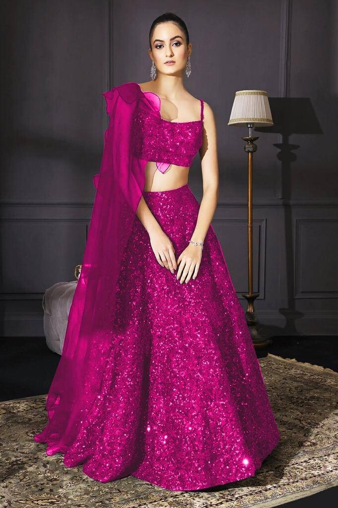 Indian Look Pink Velvet Lehenga Choli And Stylish Blouse For Women Ethnic Wear