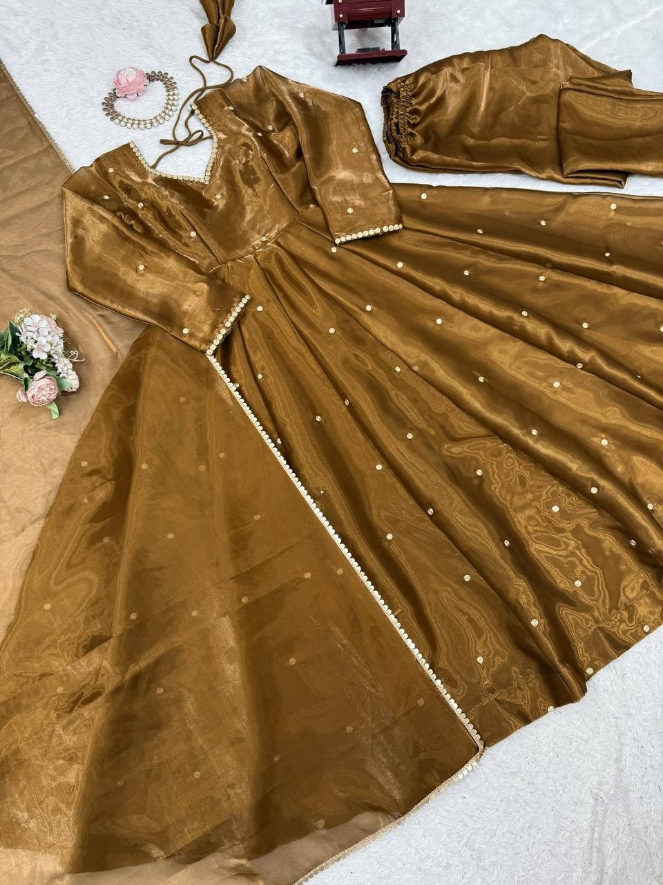 Beautiful Silk Copper Gown Bottom With Dupatta For Indian Festival Wear