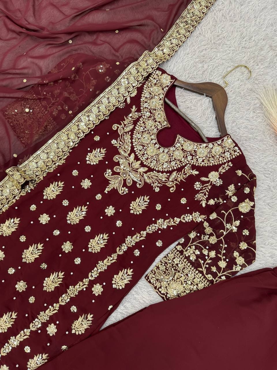 Fancy Designer Faux Georgette Maroon Top Palazzo With Dupatta For Festival Wear