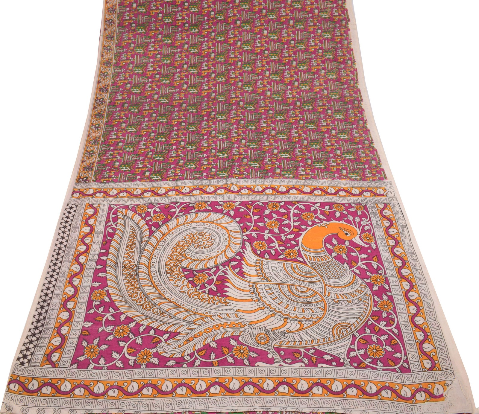 Sushila Vintage Handmade Kalamkari Saree Pure Cotton Magenta Printed Sari Fabric