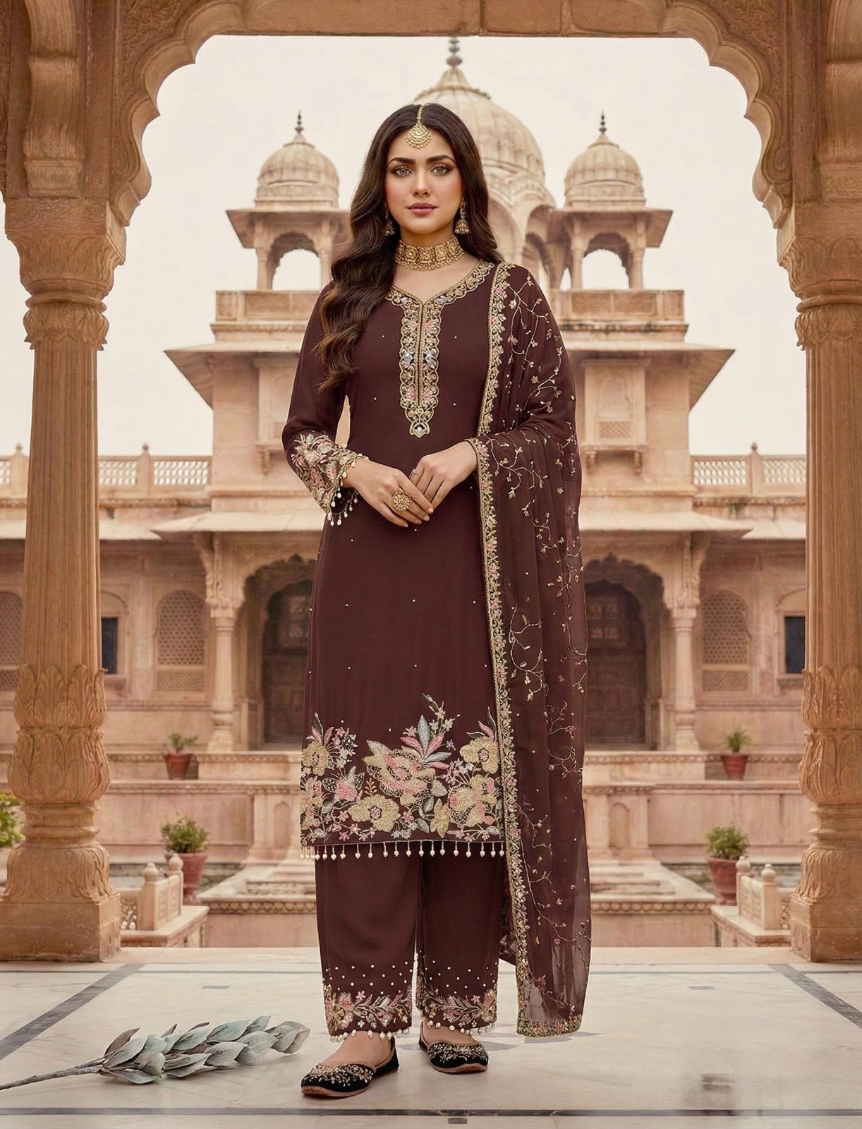 Wine Color Ready To Wear Faux Georgette Salwar Kameez Wedding Party Ethnic Suit