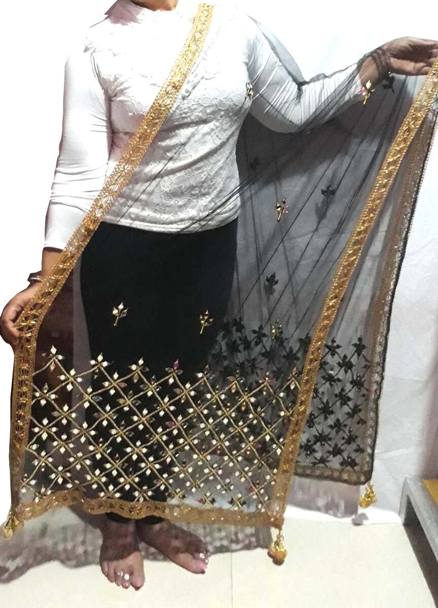 Indian Bollywood Real Mirror Work Net Black Dupatta,Scarf,Chunni Wedding Women
