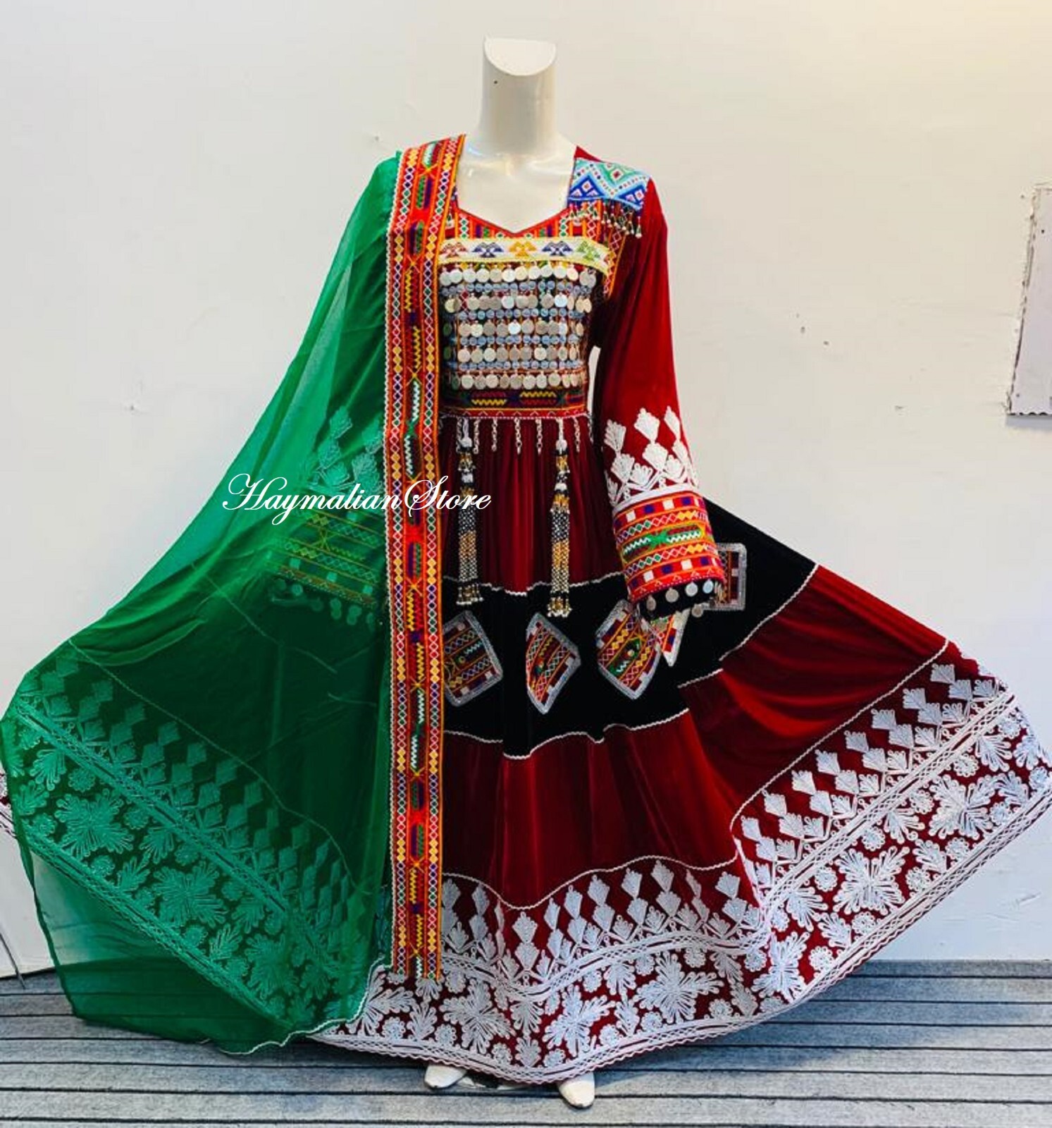 Afghan women kuchi dress, Fancy traditional pashtun frock in white & multicolor